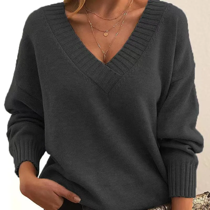 Long Sleeve V Neck Loose Sweaters Knit Pullover