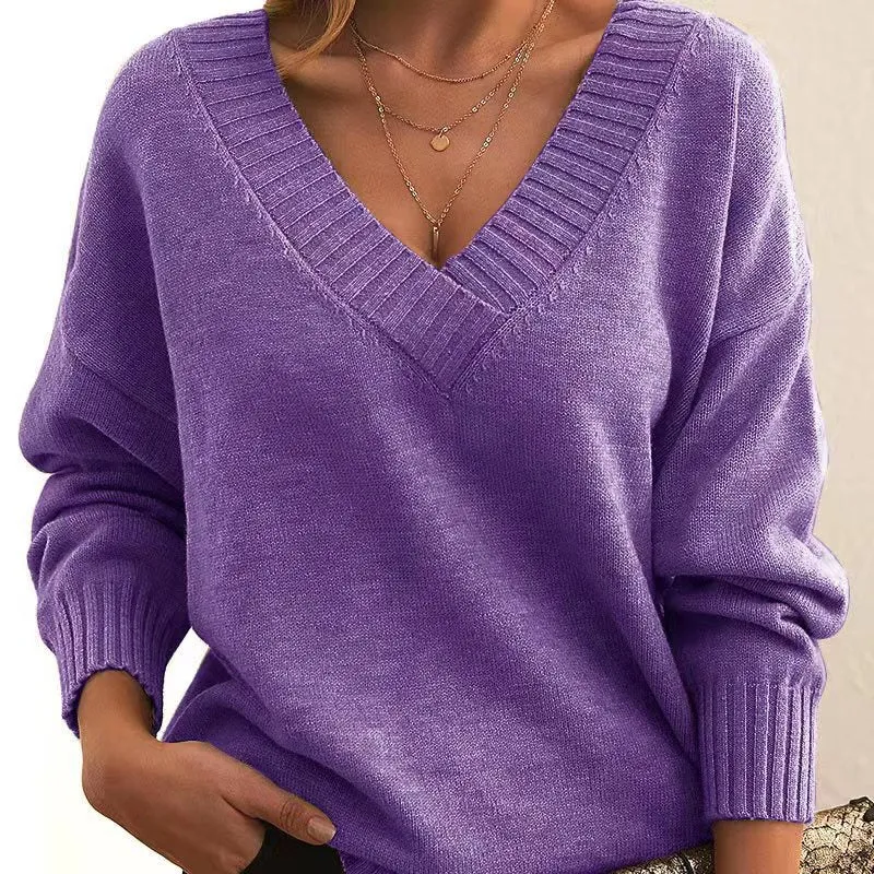 Long Sleeve V Neck Loose Sweaters Knit Pullover