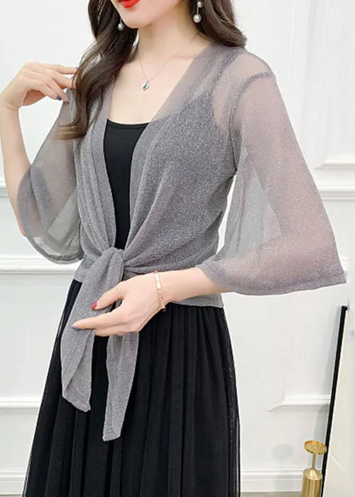 Loose Grey V Neck Lace Up Tulle Cardigans Half Sleeve AS1018