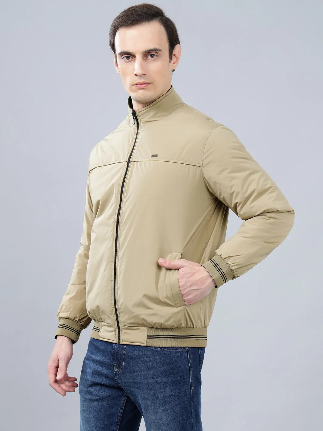 Men's Beige Solid Mock Neck Reversible Winter Jacket