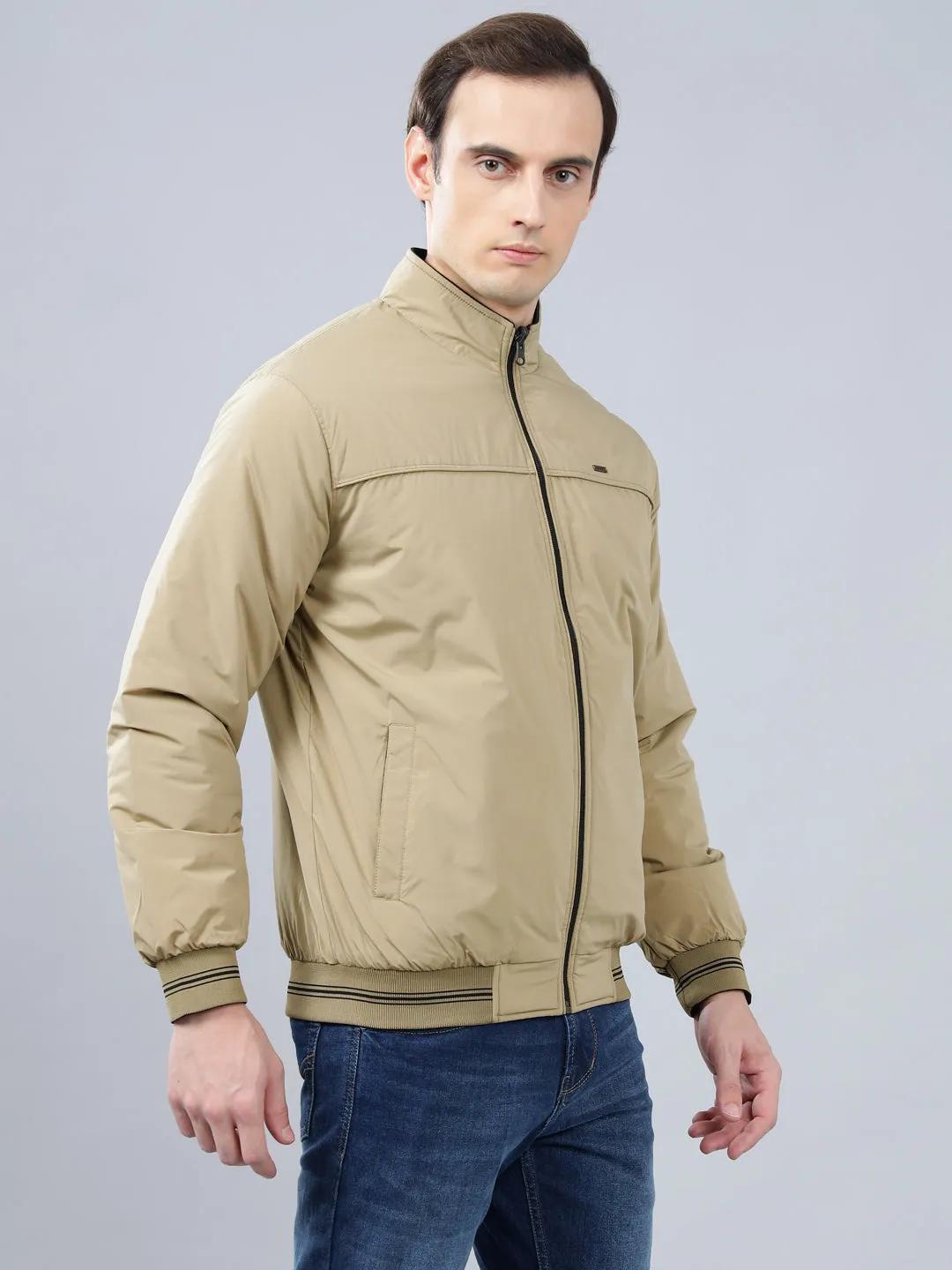 Men's Beige Solid Mock Neck Reversible Winter Jacket