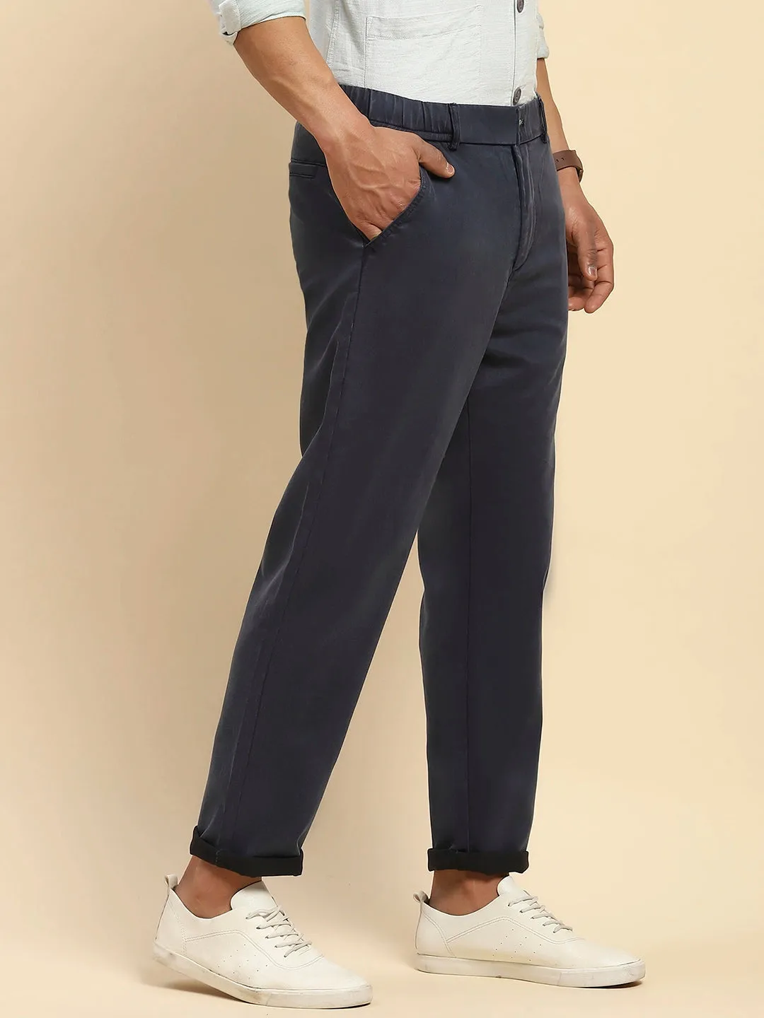 Navy Blue Cotton Blend Slim Fit Trouser For Men