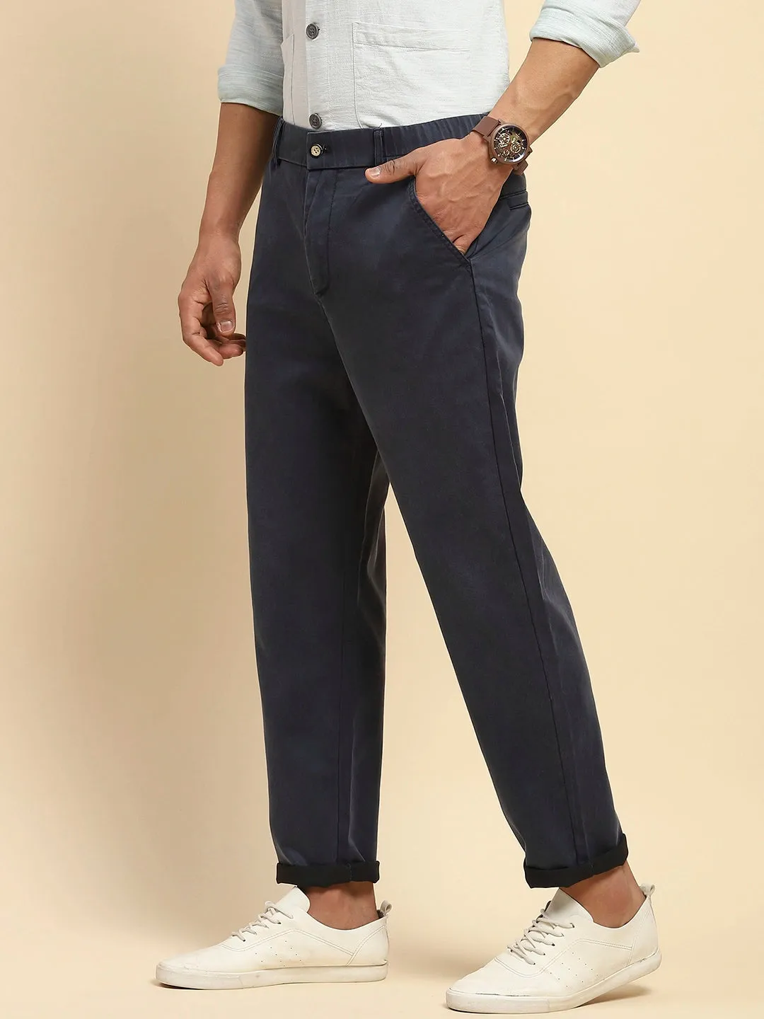 Navy Blue Cotton Blend Slim Fit Trouser For Men