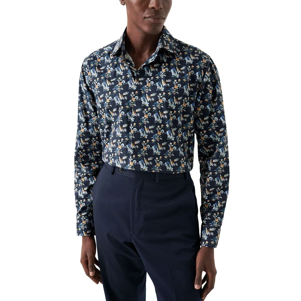 Navy Blue Floral Print Contemporary Fit Twill Shirt