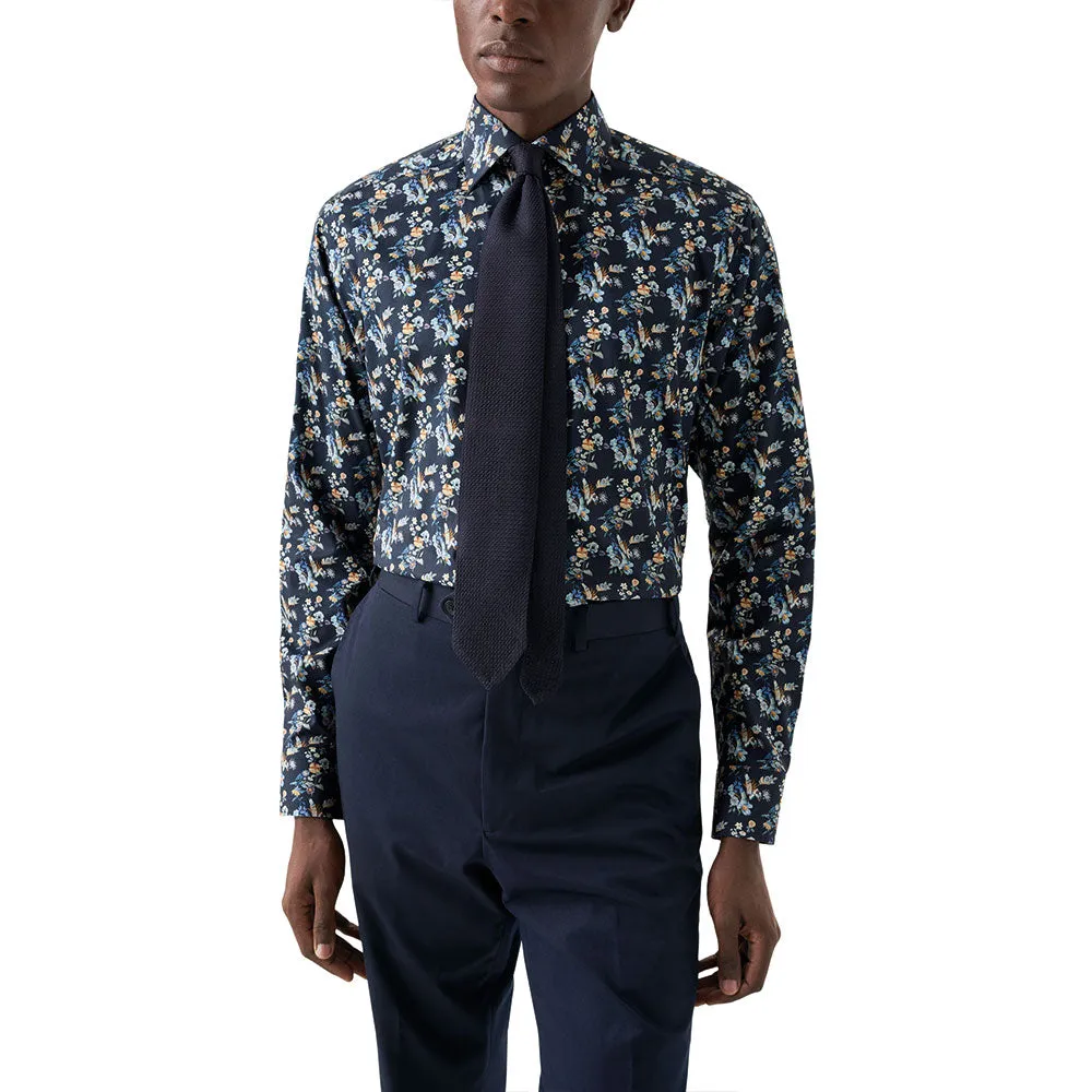 Navy Blue Floral Print Contemporary Fit Twill Shirt