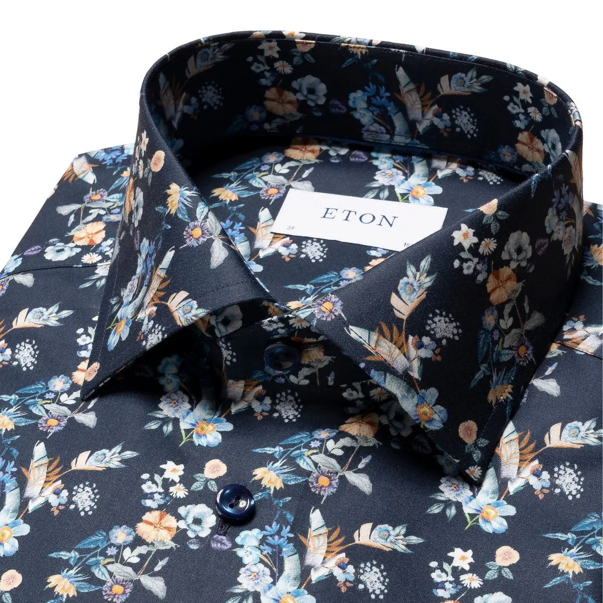 Navy Blue Floral Print Contemporary Fit Twill Shirt