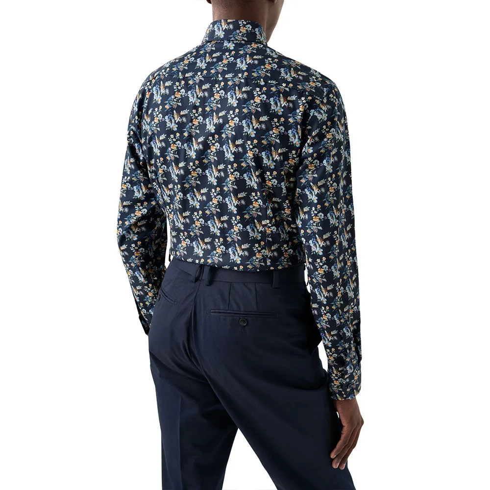 Navy Blue Floral Print Contemporary Fit Twill Shirt