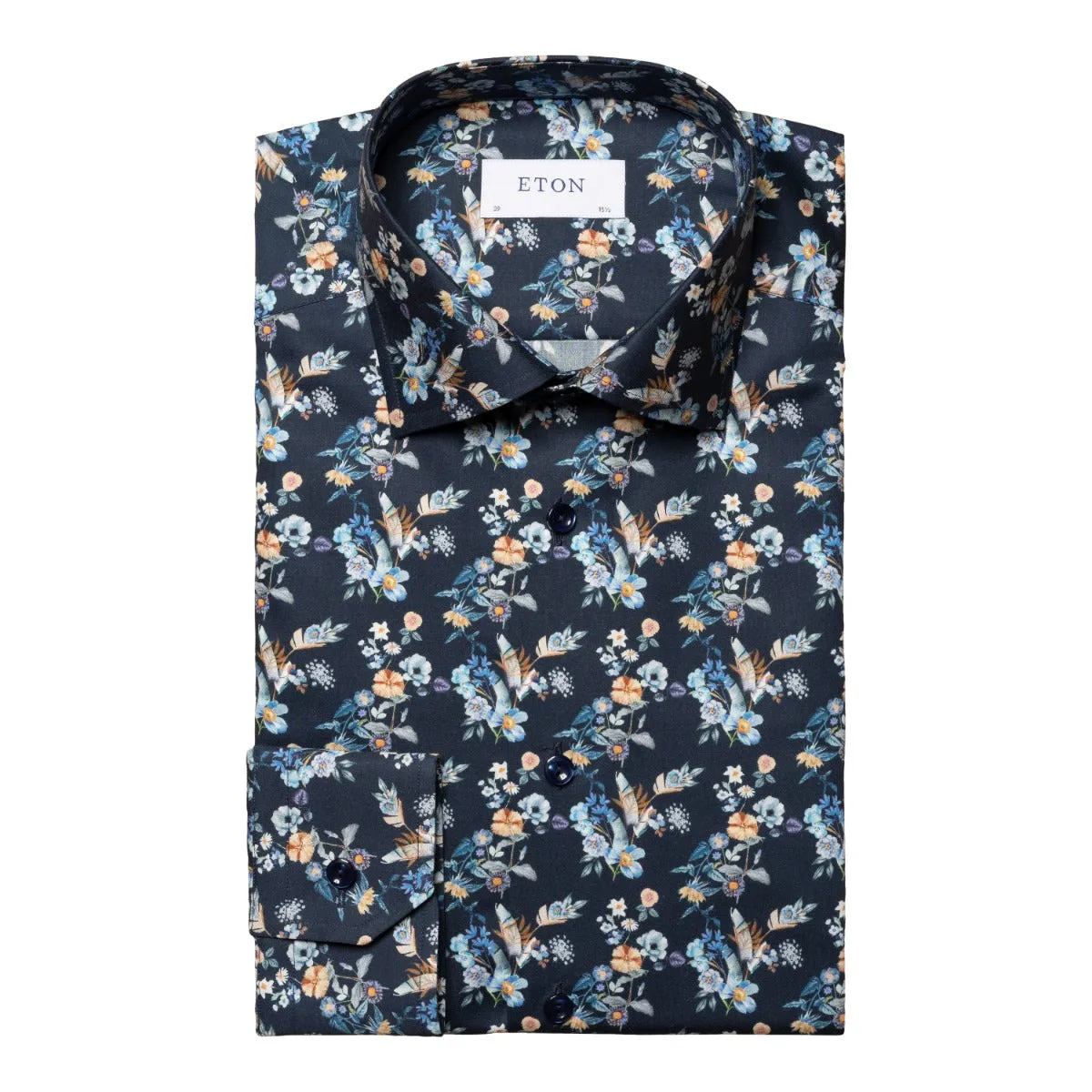 Navy Blue Floral Print Contemporary Fit Twill Shirt