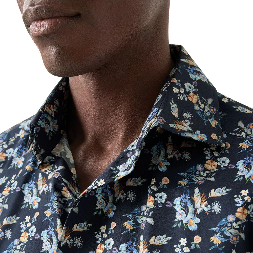 Navy Blue Floral Print Contemporary Fit Twill Shirt