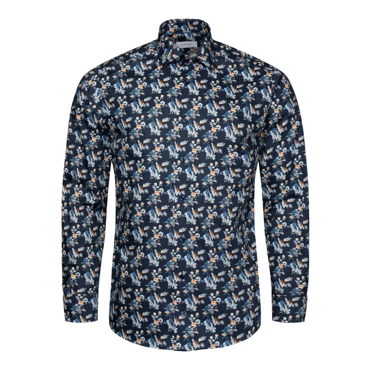 Navy Blue Floral Print Contemporary Fit Twill Shirt