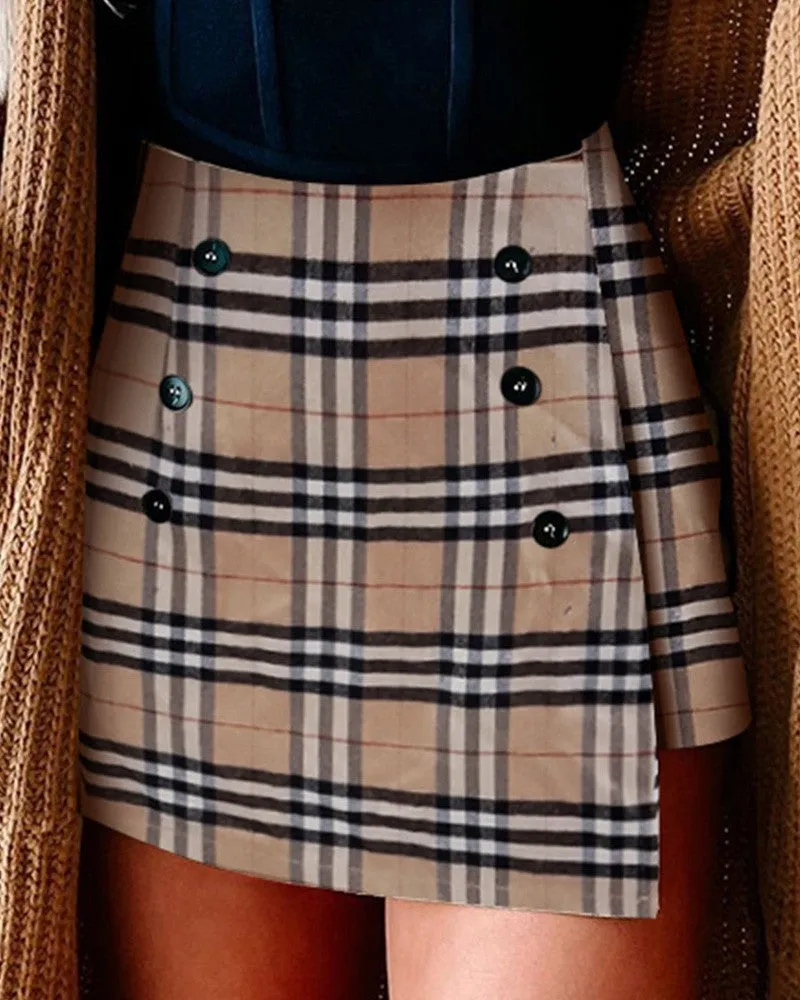 Plaid Print Button Design High Waist Skirt