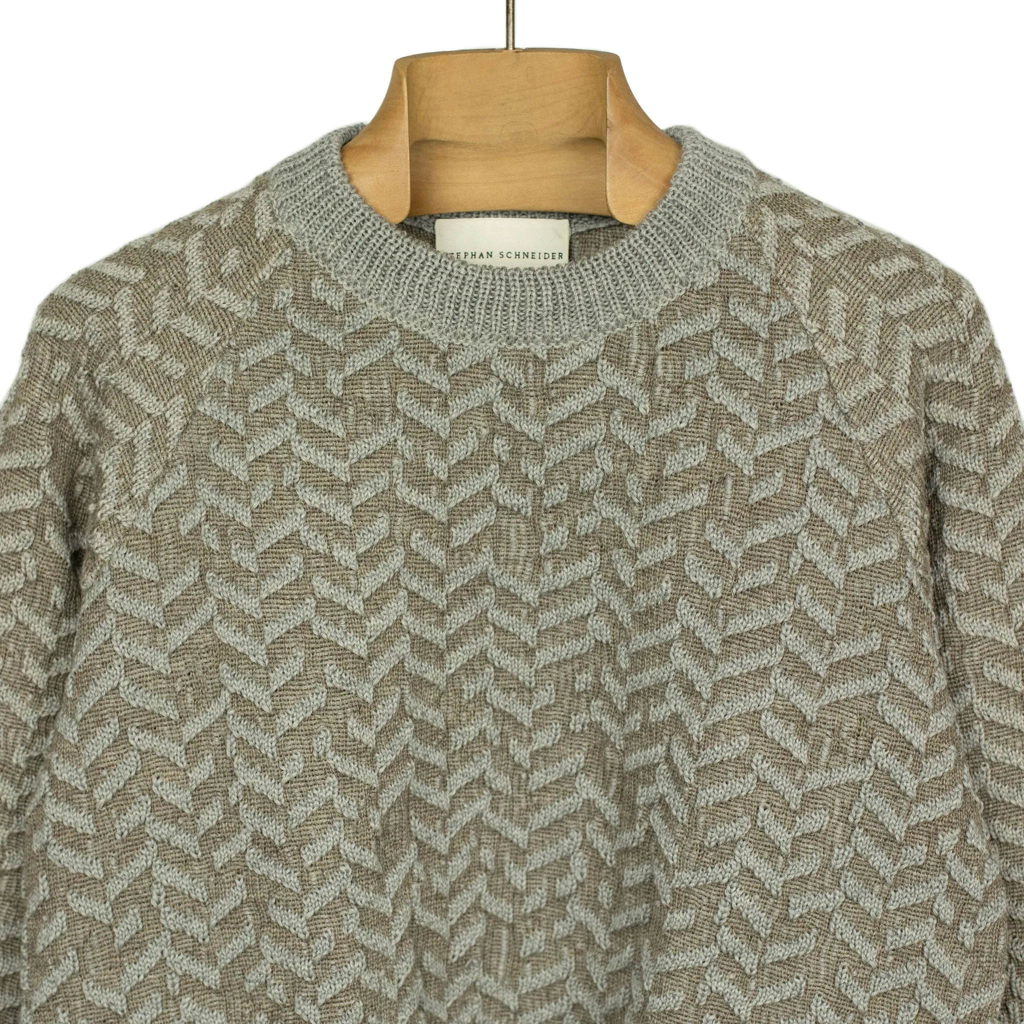 "Gauge" crewneck raglan sweater in beige raised herringbone wool