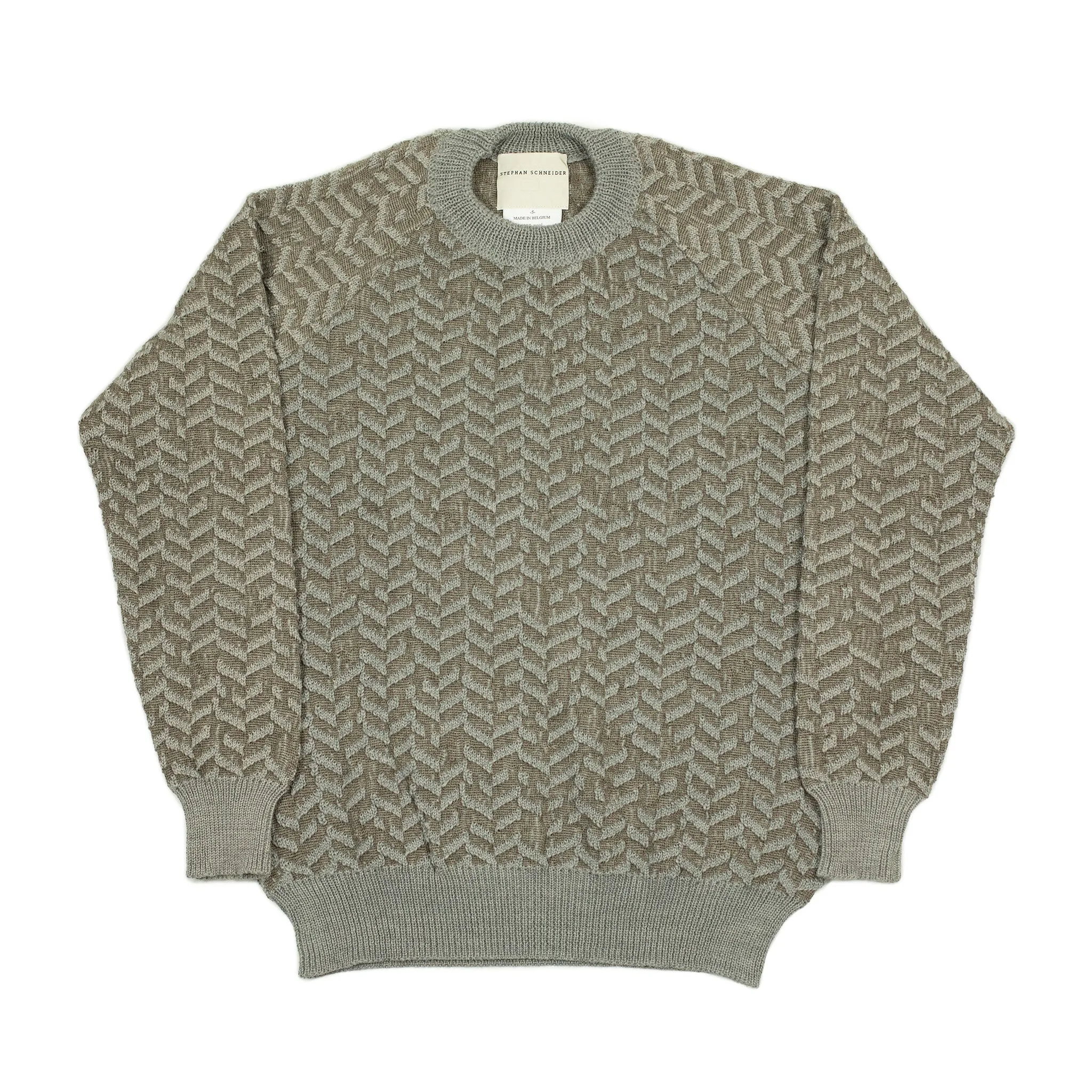 "Gauge" crewneck raglan sweater in beige raised herringbone wool