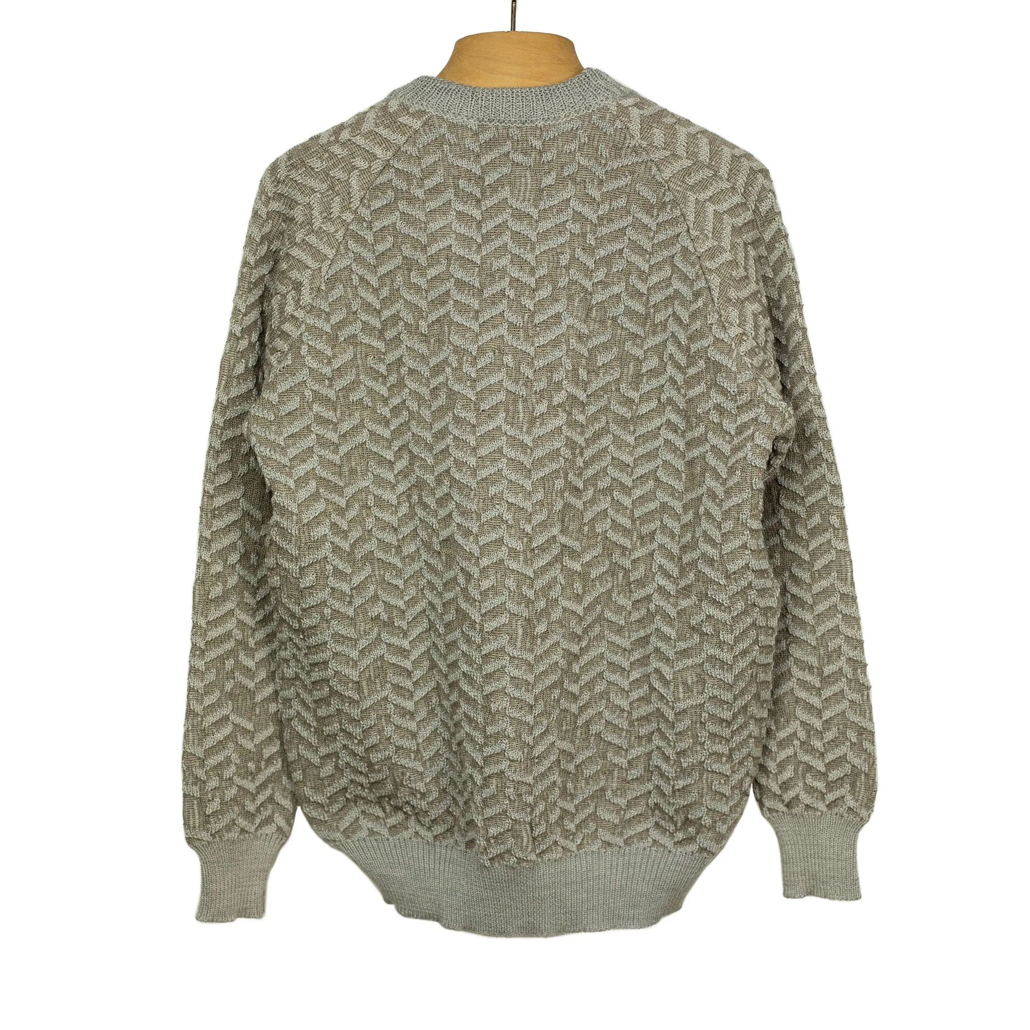 "Gauge" crewneck raglan sweater in beige raised herringbone wool