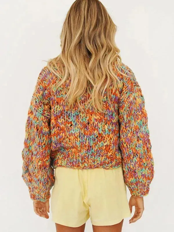 Rainbow Knit Lantern Women Cardigan Sweater