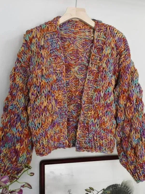 Rainbow Knit Lantern Women Cardigan Sweater