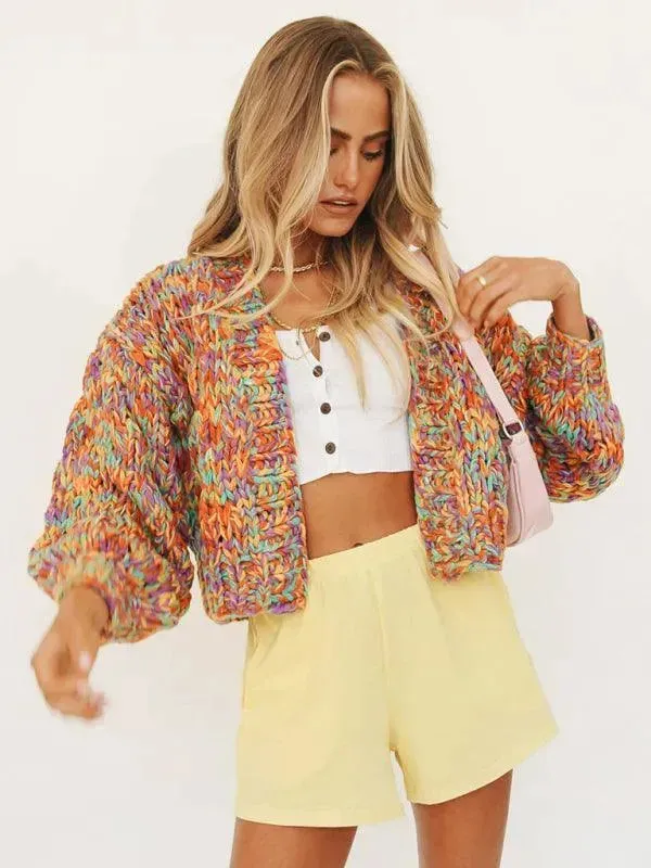 Rainbow Knit Lantern Women Cardigan Sweater