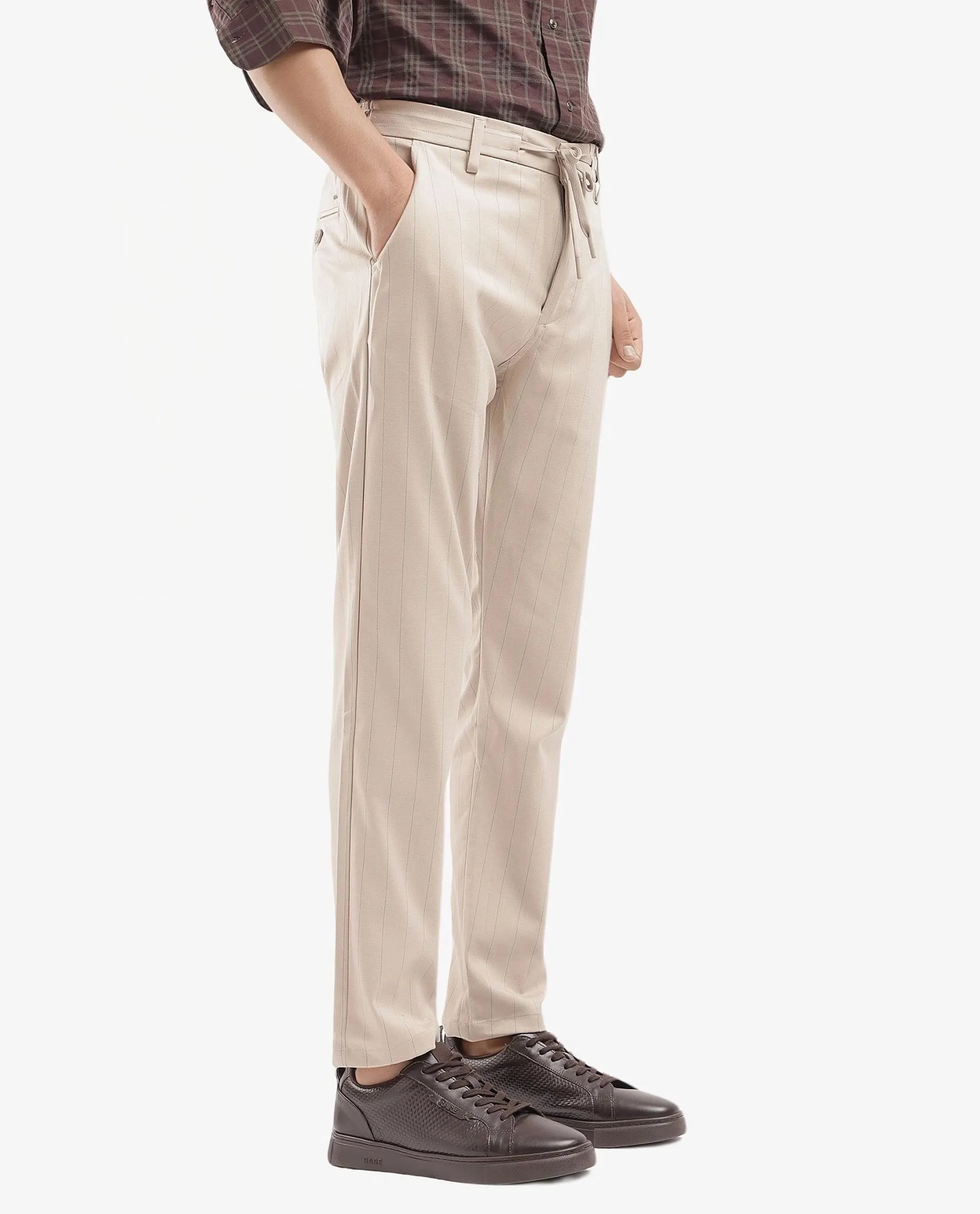 Rare Rabbit Men Nelo Beige Striped Drawstring Closure Mid-Rise Regular Fit Trouser