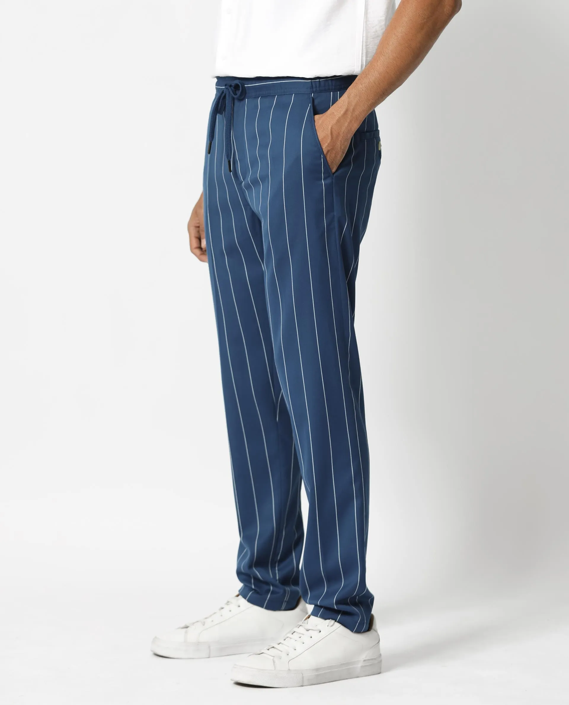 Rare Rabbit Men's Pixie Dark Blue Mid-Rise Regular Fit With Drawstring And Elastic Waistband Stripe Trouser