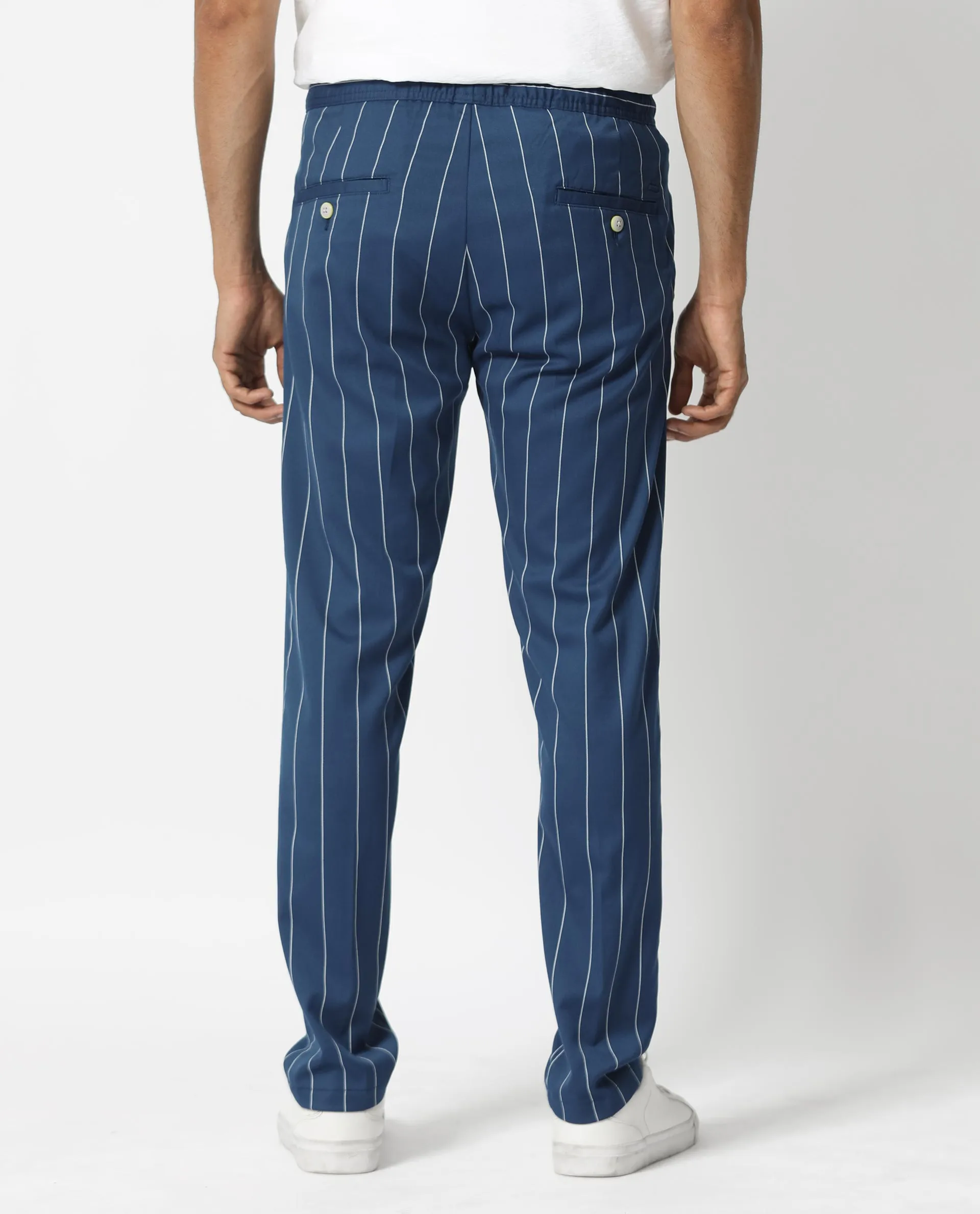 Rare Rabbit Men's Pixie Dark Blue Mid-Rise Regular Fit With Drawstring And Elastic Waistband Stripe Trouser