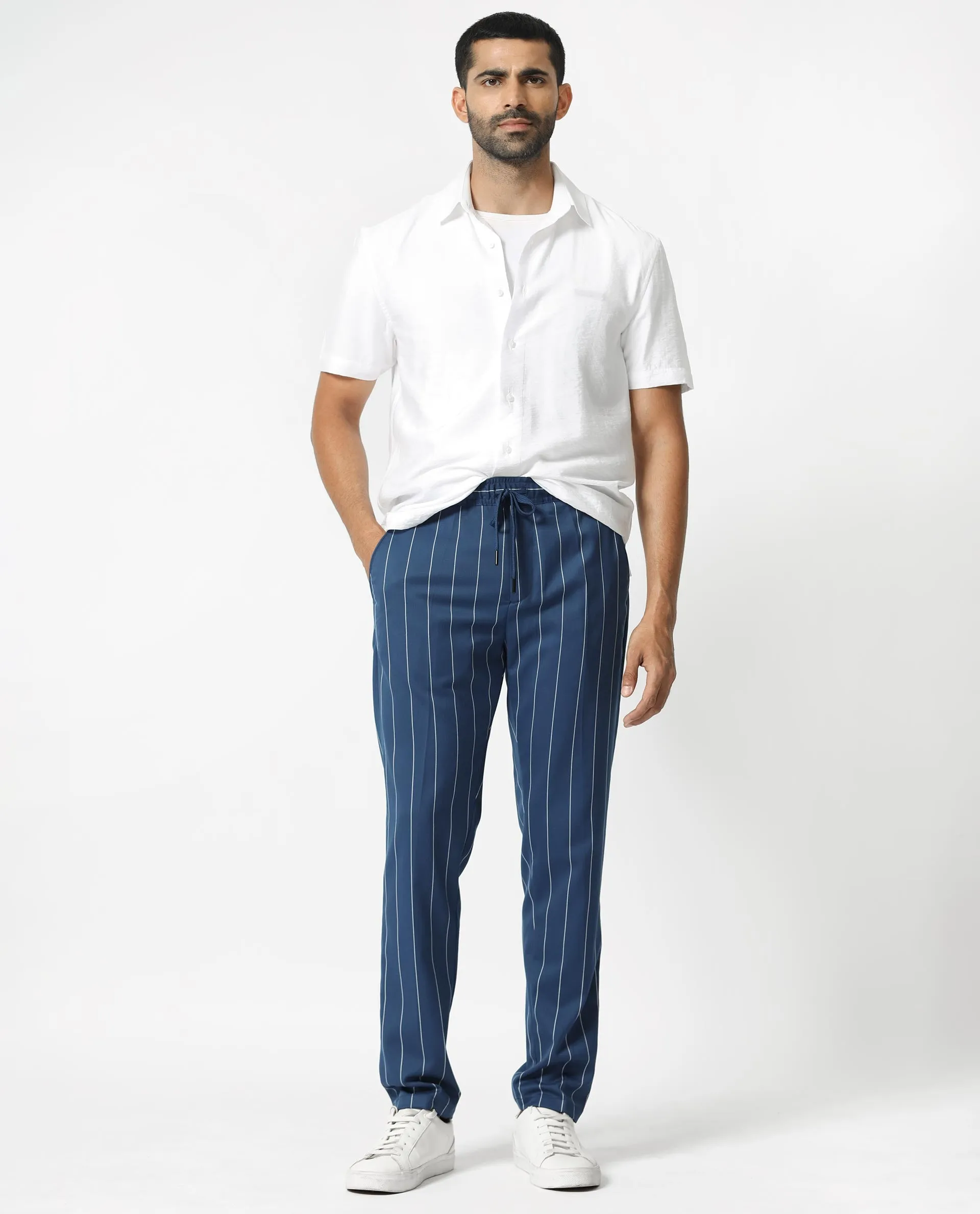 Rare Rabbit Men's Pixie Dark Blue Mid-Rise Regular Fit With Drawstring And Elastic Waistband Stripe Trouser