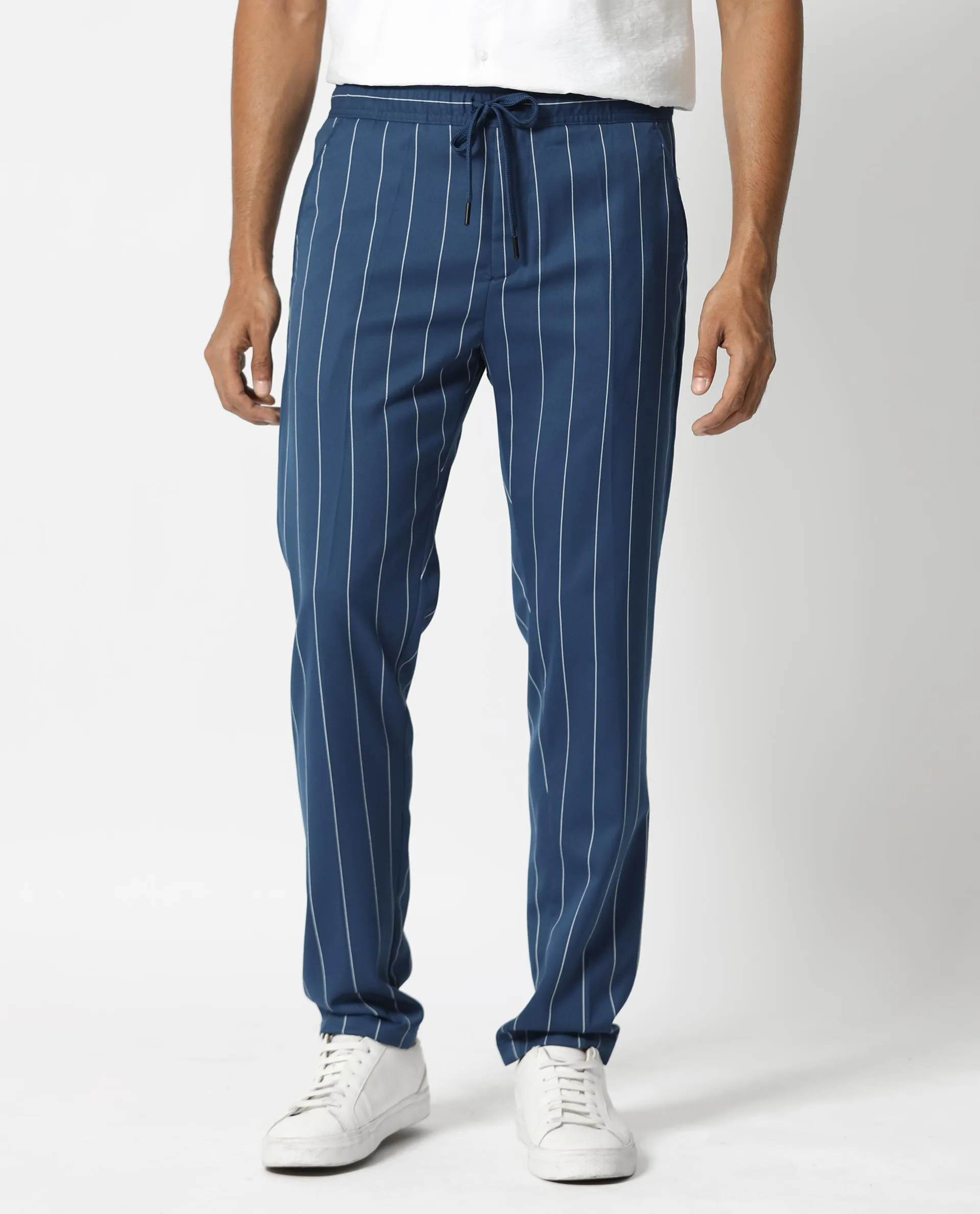 Rare Rabbit Men's Pixie Dark Blue Mid-Rise Regular Fit With Drawstring And Elastic Waistband Stripe Trouser