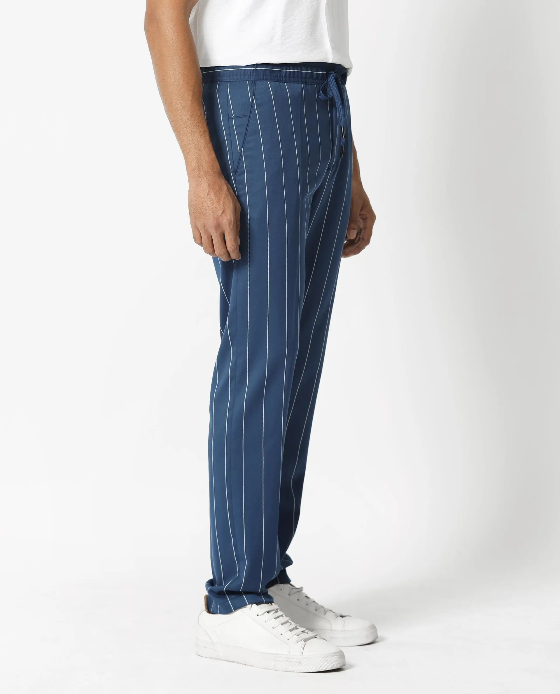 Rare Rabbit Men's Pixie Dark Blue Mid-Rise Regular Fit With Drawstring And Elastic Waistband Stripe Trouser