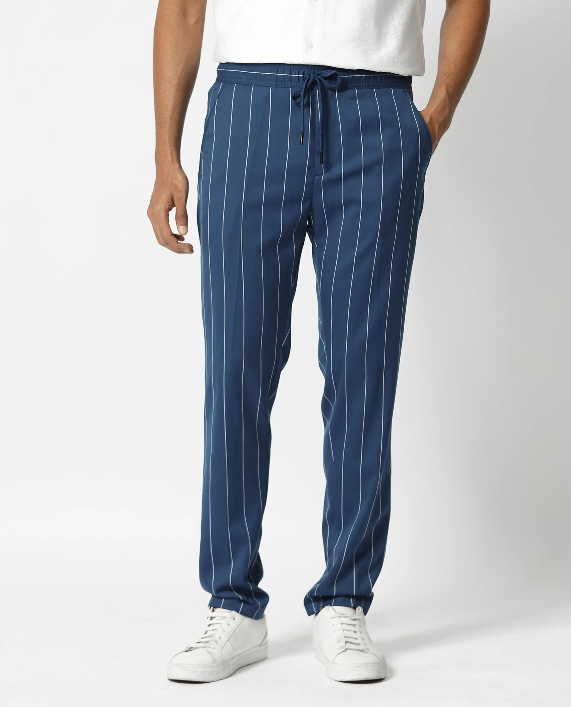 Rare Rabbit Men's Pixie Dark Blue Mid-Rise Regular Fit With Drawstring And Elastic Waistband Stripe Trouser