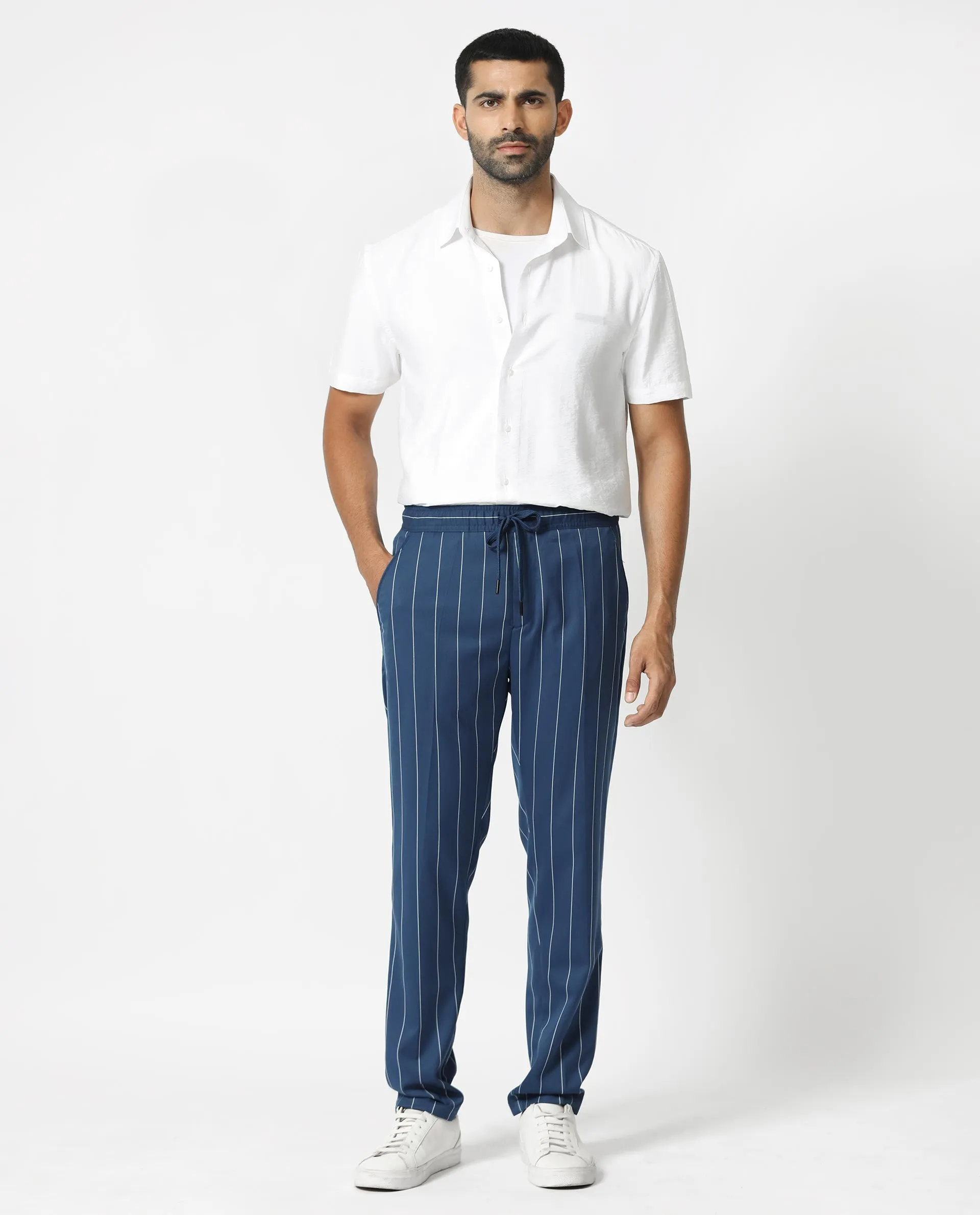 Rare Rabbit Men's Pixie Dark Blue Mid-Rise Regular Fit With Drawstring And Elastic Waistband Stripe Trouser