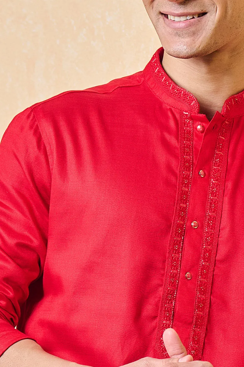 Red Kurta Set With Embroidered Collar