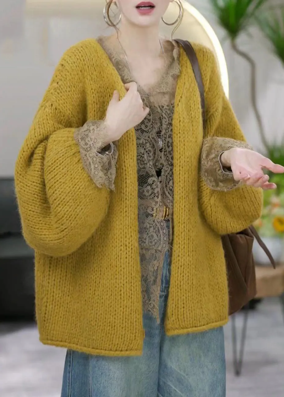 Simple Yellow V Neck Solid Cotton Knit Cardigans Winter RF017