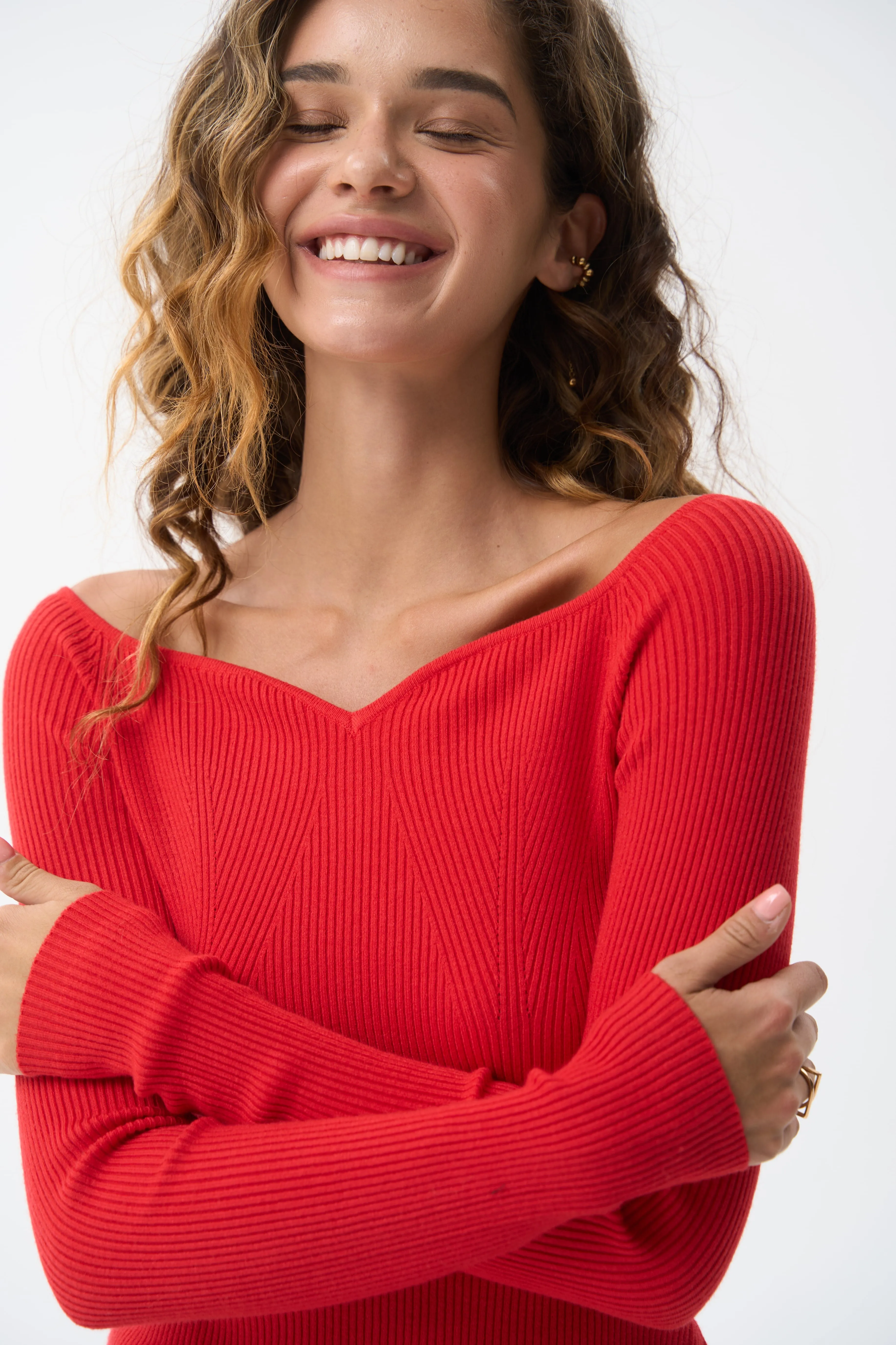 Spicy Red Sweetheart Neckline Ribbed knit Sweater