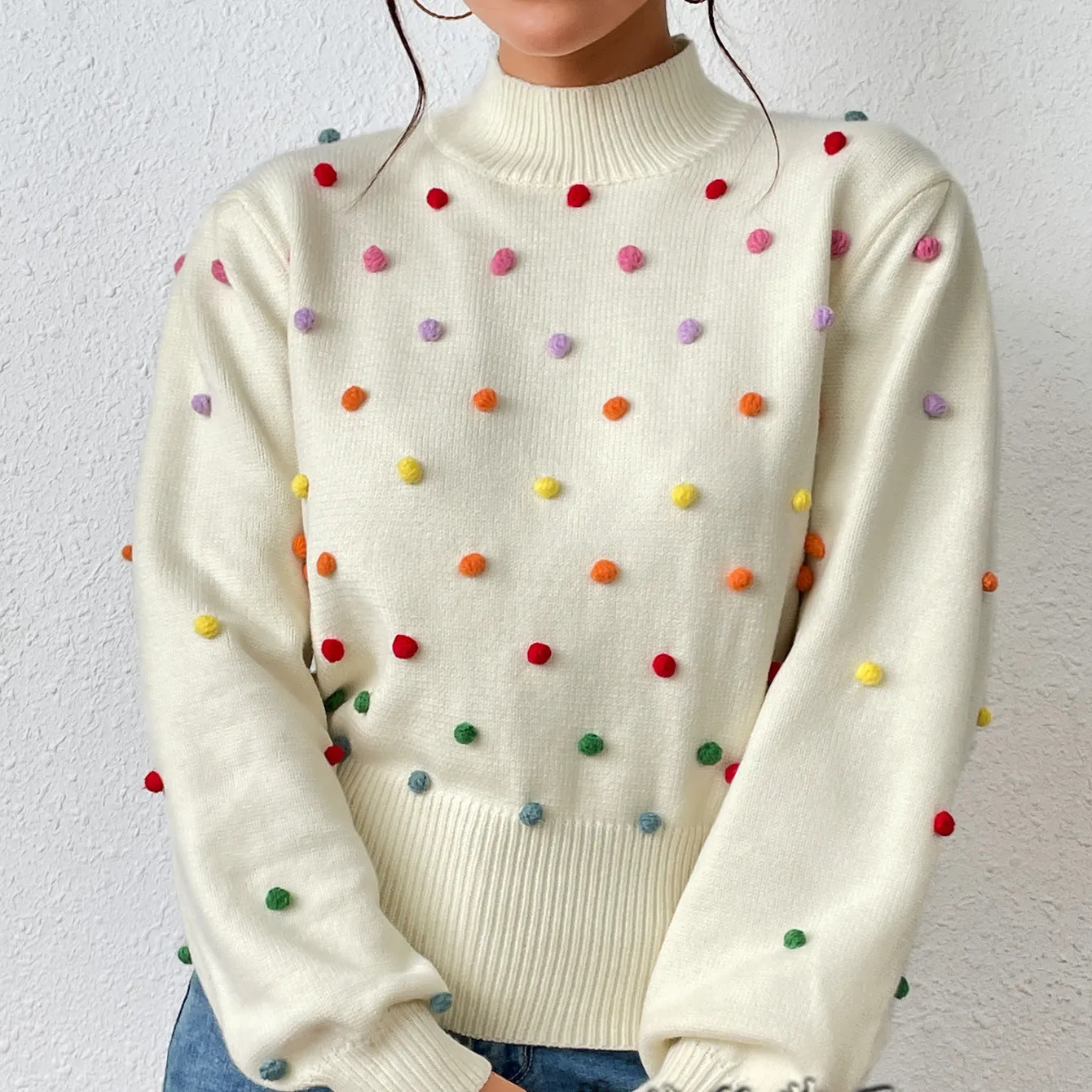 Stylish Three-Dimensional Colourful Thread Ball Knit Sweater Wholesale Womens Tops