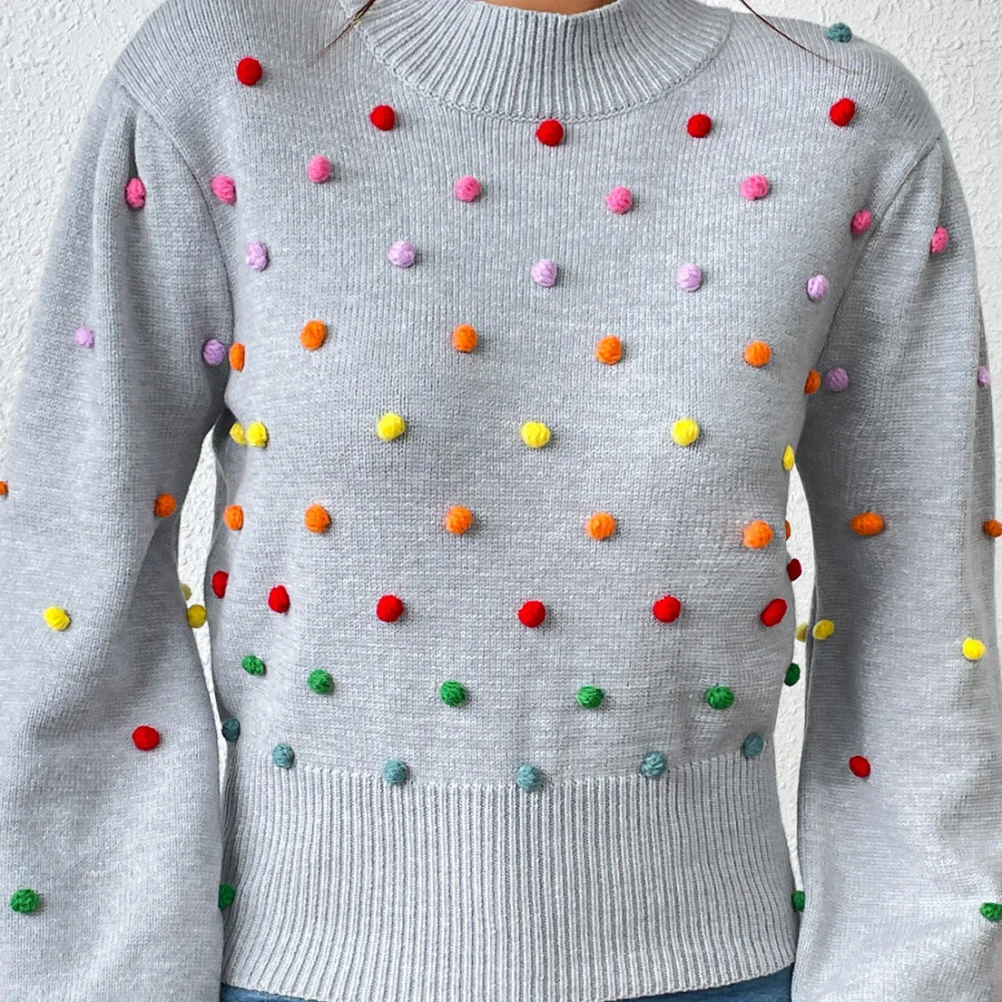 Stylish Three-Dimensional Colourful Thread Ball Knit Sweater Wholesale Womens Tops