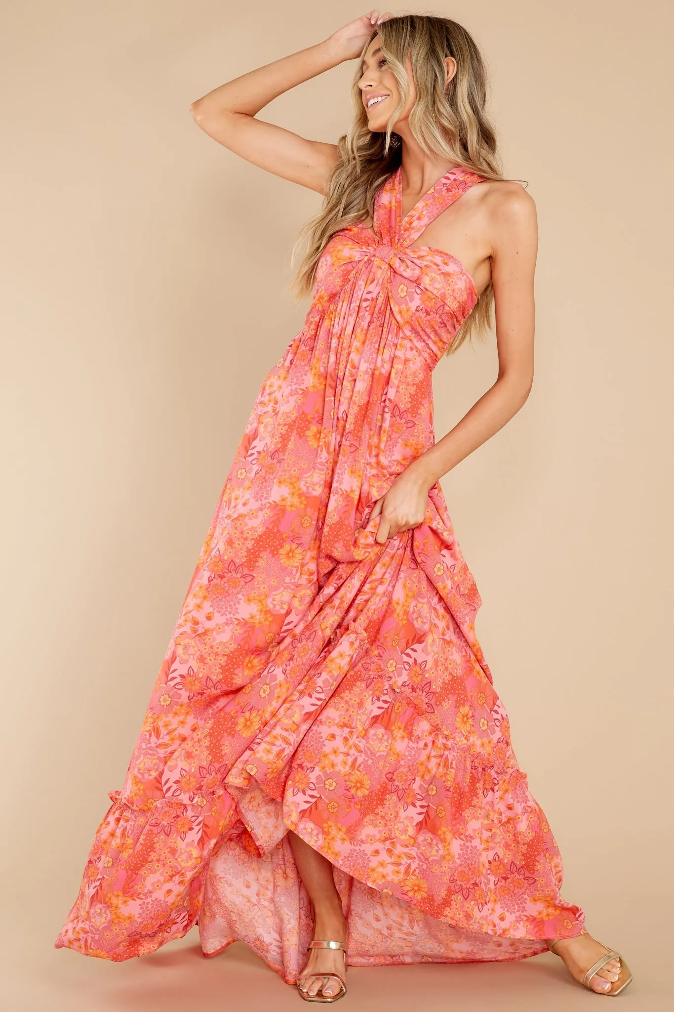 Sunset Memories Coral Floral Print Maxi Dress