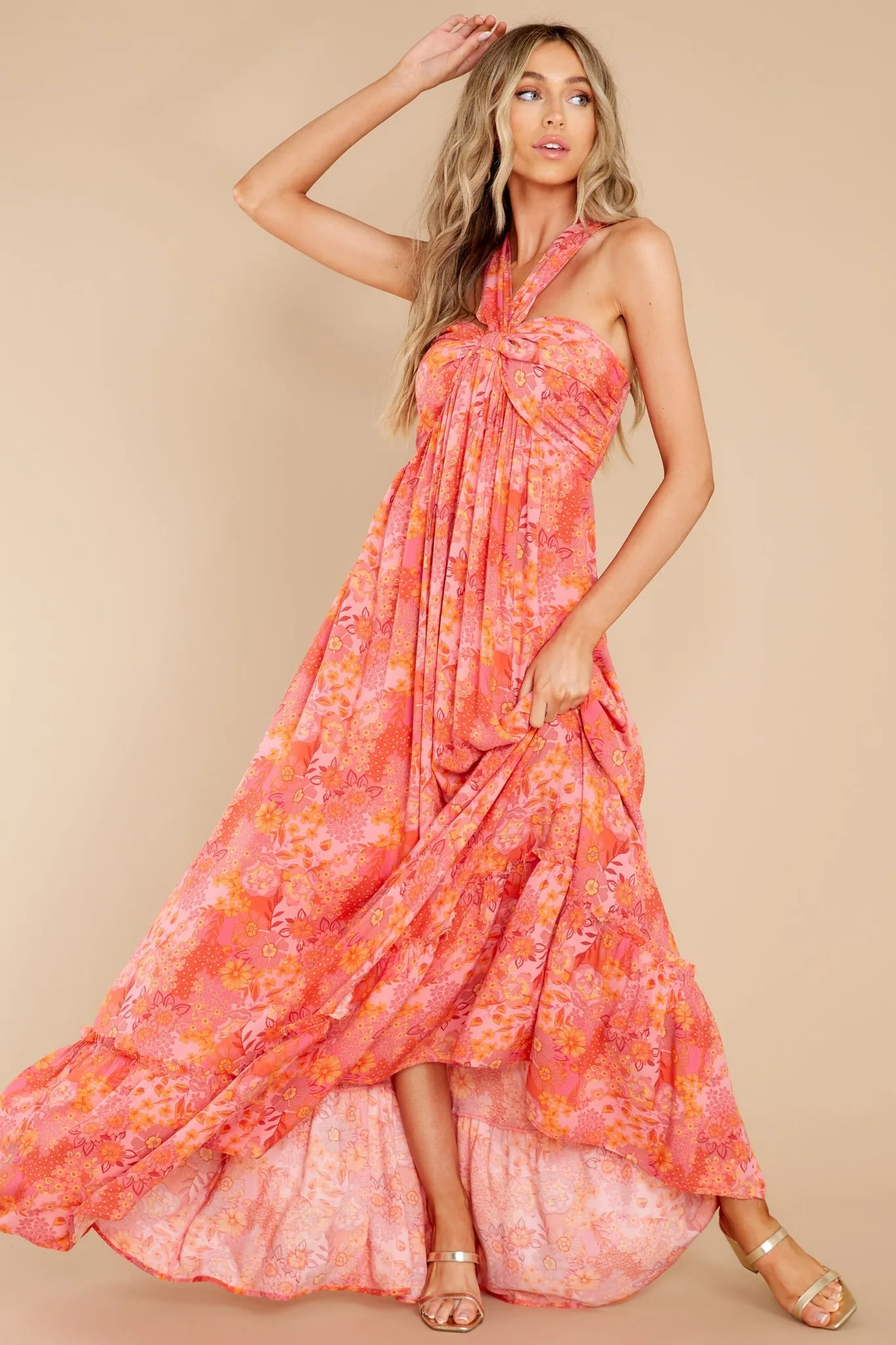 Sunset Memories Coral Floral Print Maxi Dress