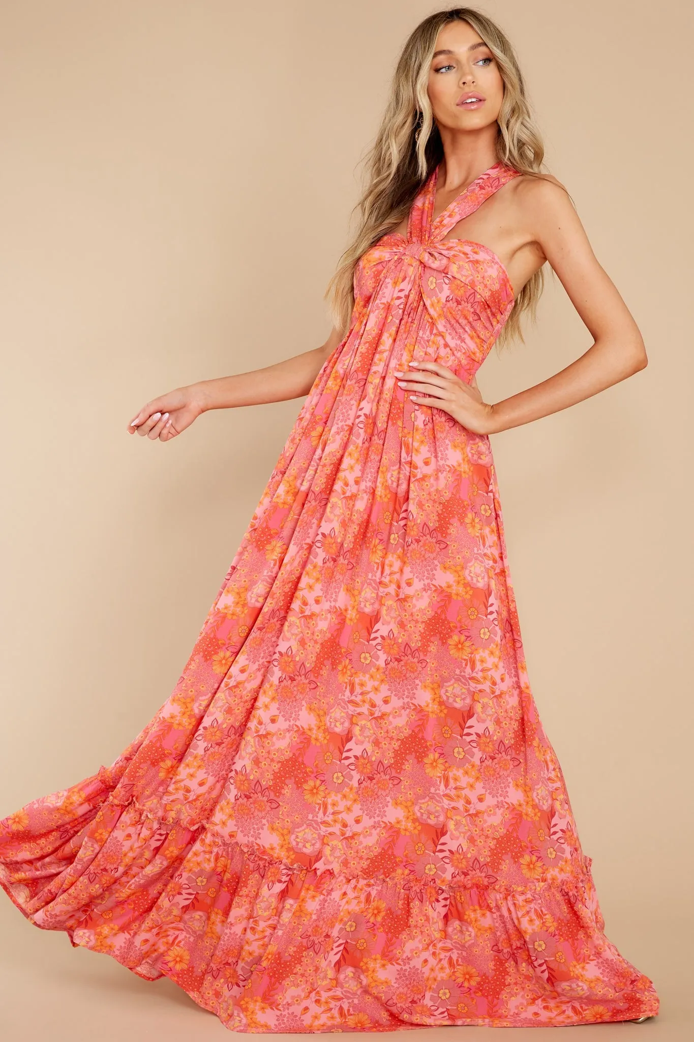 Sunset Memories Coral Floral Print Maxi Dress