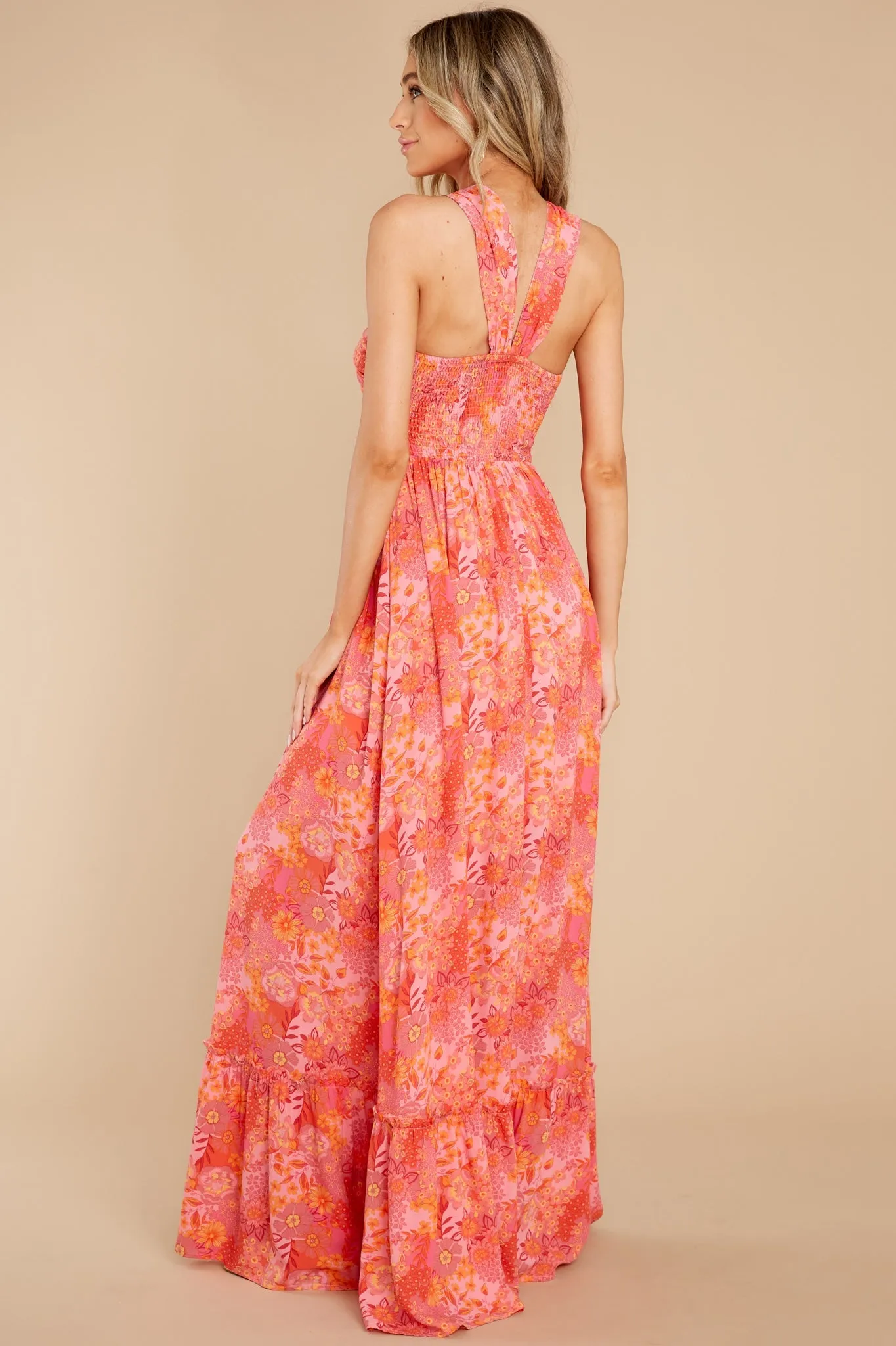 Sunset Memories Coral Floral Print Maxi Dress