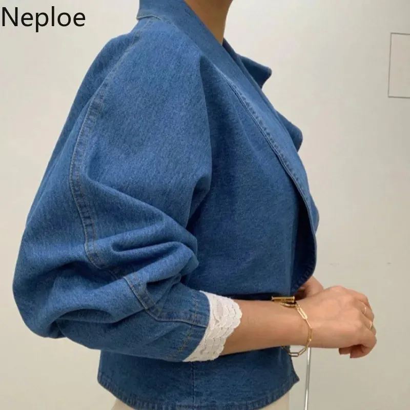 Trendy Puff Sleeve Ruffles Crop Denim Jacket