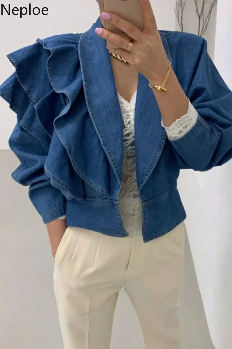 Trendy Puff Sleeve Ruffles Crop Denim Jacket