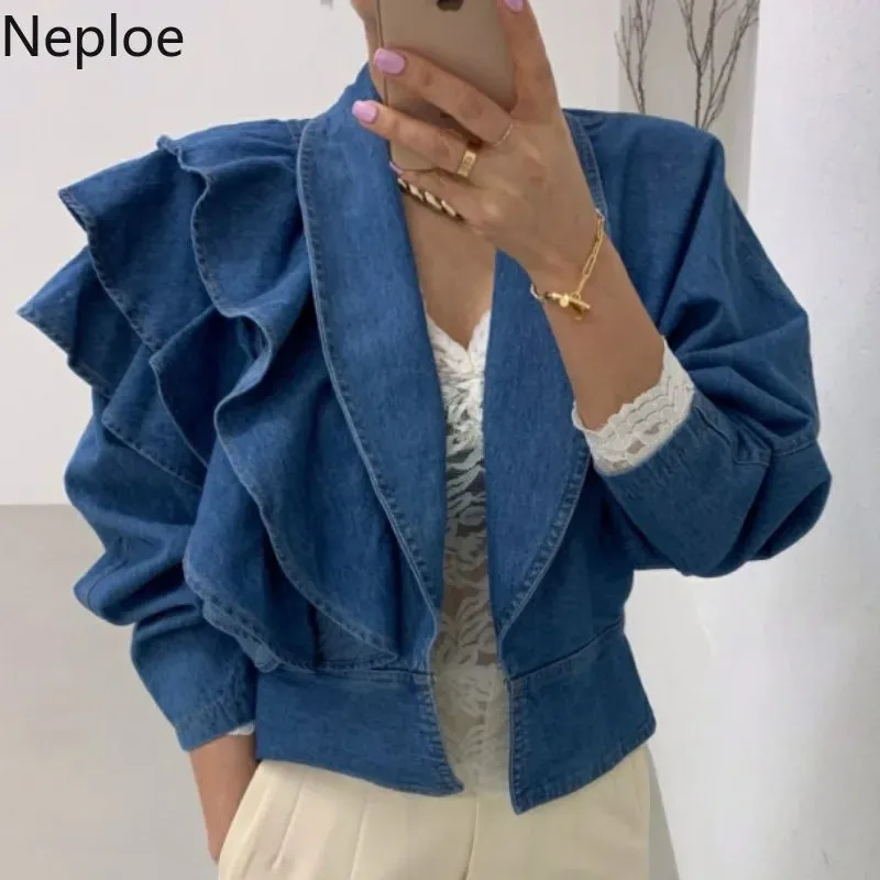 Trendy Puff Sleeve Ruffles Crop Denim Jacket