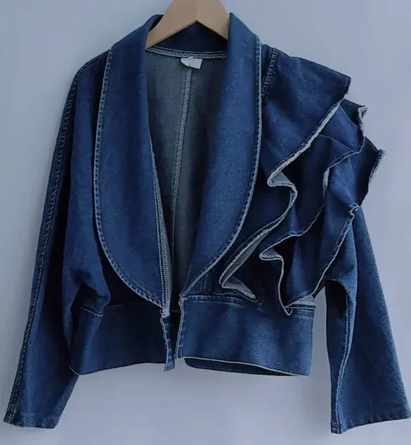 Trendy Puff Sleeve Ruffles Crop Denim Jacket