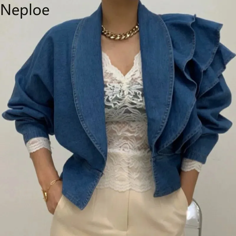 Trendy Puff Sleeve Ruffles Crop Denim Jacket