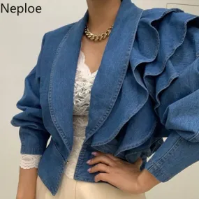 Trendy Puff Sleeve Ruffles Crop Denim Jacket