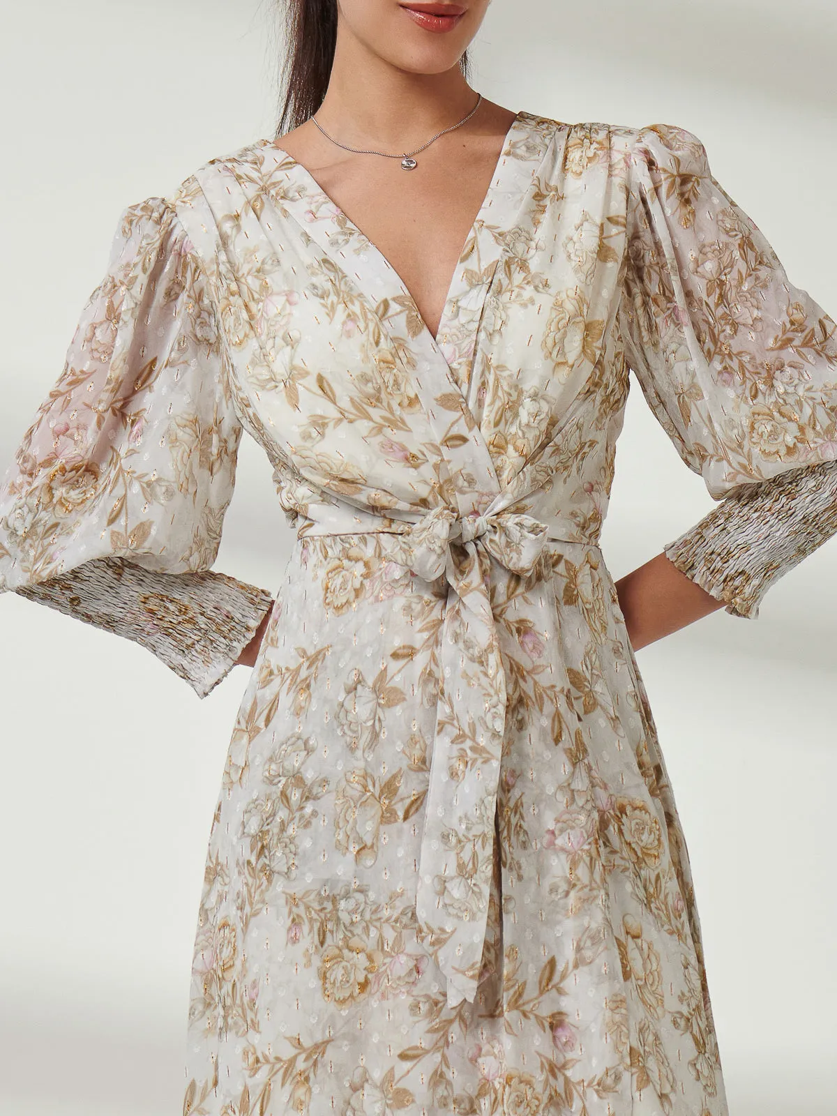 V Neck Tie Waist Puff Sleeve Maxi Dress, Cream Floral