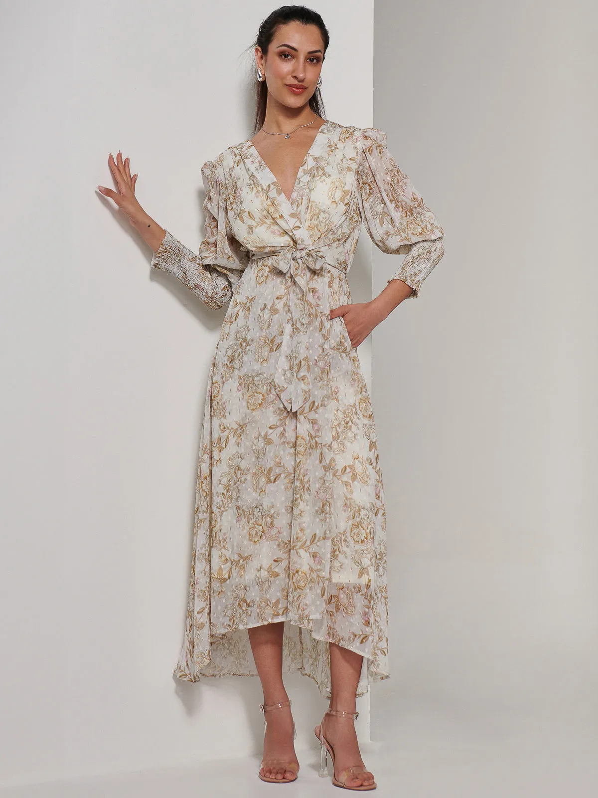 V Neck Tie Waist Puff Sleeve Maxi Dress, Cream Floral