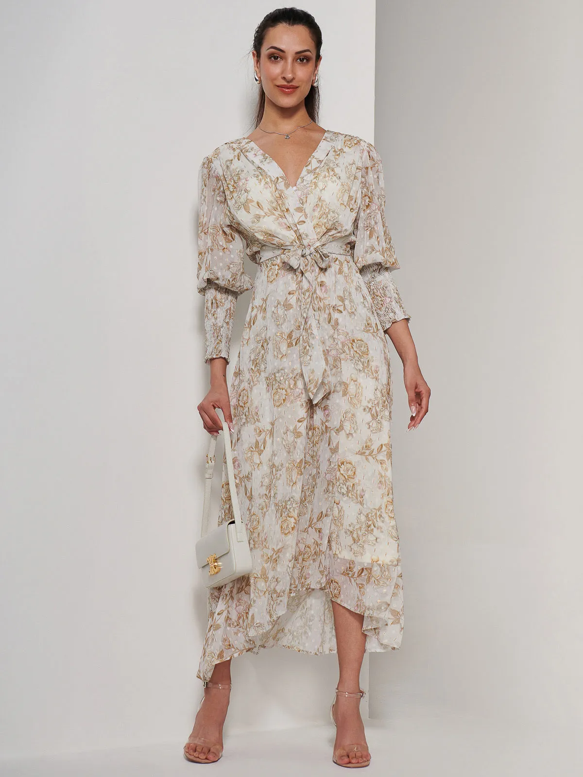 V Neck Tie Waist Puff Sleeve Maxi Dress, Cream Floral