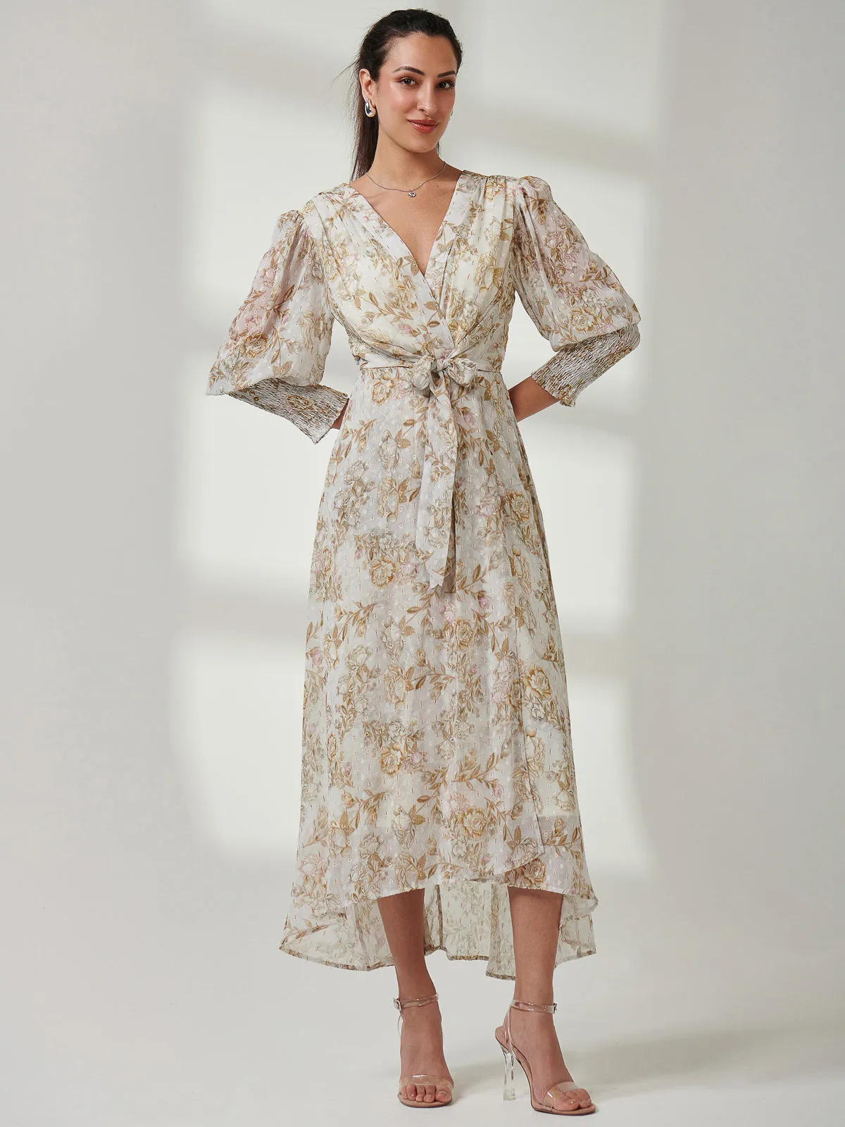 V Neck Tie Waist Puff Sleeve Maxi Dress, Cream Floral