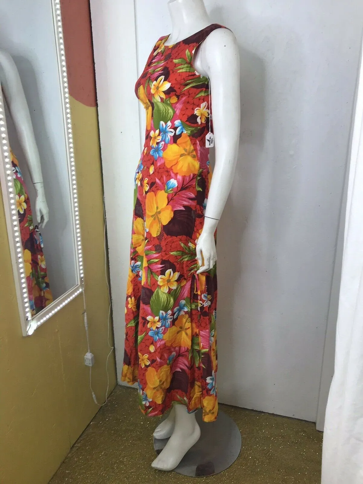 Vintage 70s | Mod Tiki Hawaiian Tropical Floral Sleeveless Maxi Dress | XS