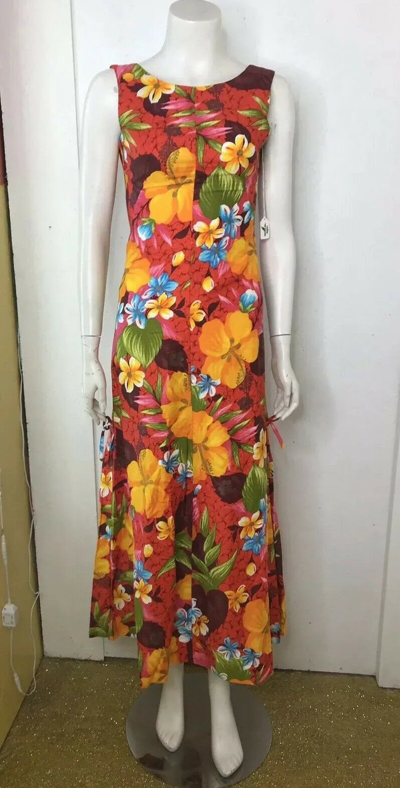 Vintage 70s | Mod Tiki Hawaiian Tropical Floral Sleeveless Maxi Dress | XS